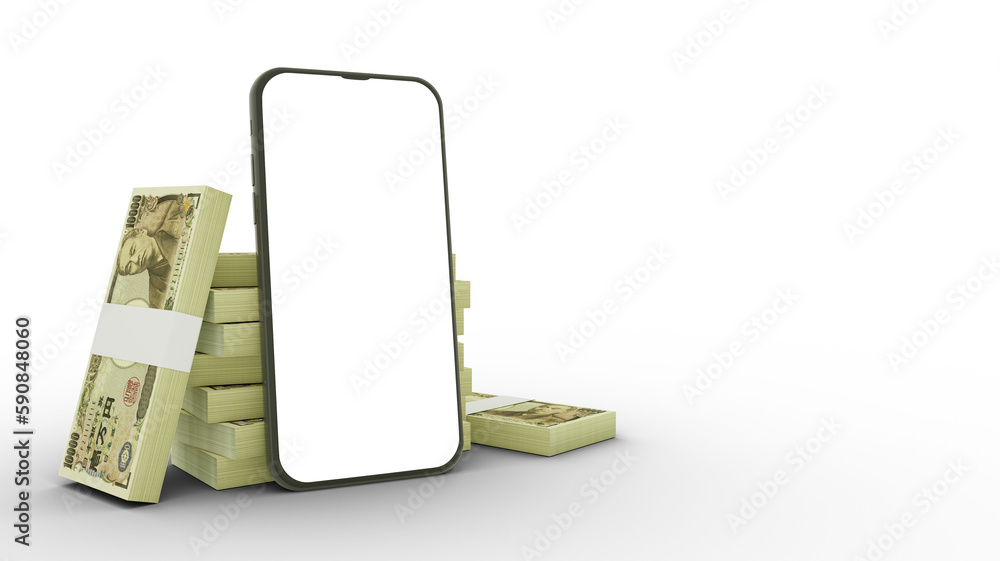 Poster 3d rendering of a mobile phone with blank screen and stacks of japanese yen notes behind isolated on