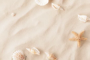 Fotobehang Top view of a sandy beach with exotic seashells and starfish as natural textured background for aesthetic summer design © juliasudnitskaya