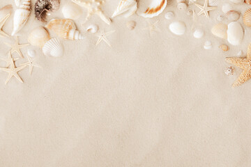 Fototapeta na wymiar Sandy beach with collections of white and beige seashells and starfish as natural textured background for summer travel design