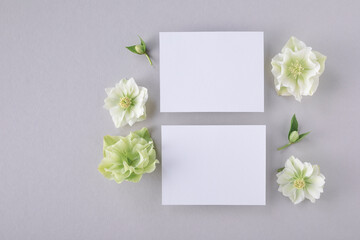 Invitation card mockup with empty paper blank decorated natural flowers top view. Minimal aesthetic template.