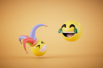 an emoji in a jester hat and a laughing smiley face on a pastel background. 3D render