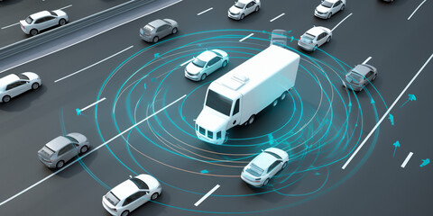 Naklejka premium A car with multiple sensing systems around it, illustrating the concept of autonomous vehicles and their advanced sensing capabilities. generative ai