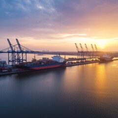 Logistics and transportation of Container Cargo ship and Cargo plane with working crane bridge in shipyard at sunrise, generative ai