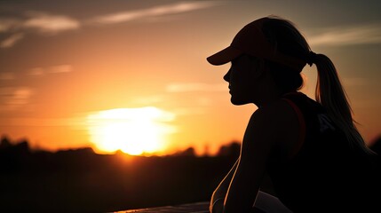 An exhausted sportswoman at sunset. Generative AI