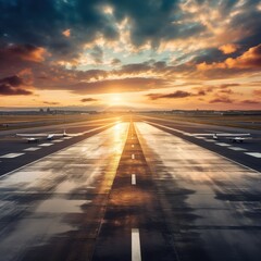 Fototapeta na wymiar Airport runway, global travel and airplane ready for takeoff, international flight and commercial transportation , generative ai