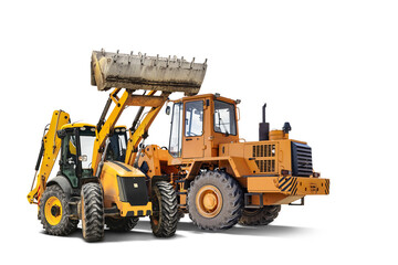 Two heavy front loaders or bulldozers on a white isolated background. Construction equipment and transport. Transportation and movement of bulk materials. Excavation. Element for design.