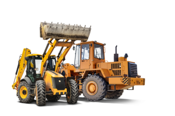 Two heavy front loaders or bulldozers on a white isolated background. Construction equipment and transport. Transportation and movement of bulk materials. Excavation. Element for design.