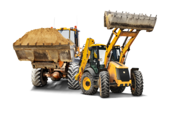 Two heavy front loaders or bulldozers on a white isolated background. Construction equipment and transport. Transportation and movement of bulk materials. Excavation. Element for design.