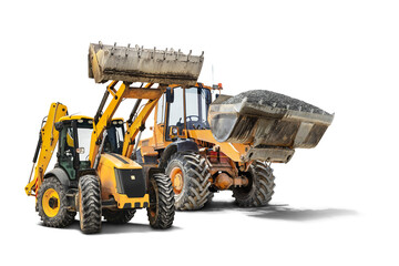 Two heavy front loaders or bulldozers on a white isolated background. Construction equipment and transport. Transportation and movement of bulk materials. Excavation. Element for design. © Anoo
