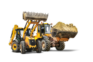 Two heavy front loaders or bulldozers on a white isolated background. Construction equipment and transport. Transportation and movement of bulk materials. Excavation. Element for design.