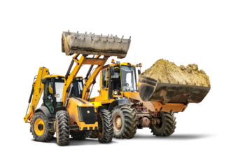 Two heavy front loaders or bulldozers on a white isolated background. Construction equipment and transport. Transportation and movement of bulk materials. Excavation. Element for design.
