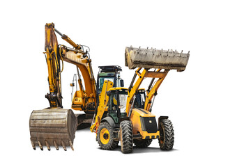 Excavator and bulldozer loader close-up on a white isolated background.Construction equipment for earthworks. element for design. Rent of modern construction equipment.