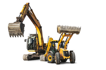 Excavator and bulldozer loader close-up on a white isolated background.Construction equipment for earthworks. element for design. Rent of modern construction equipment.