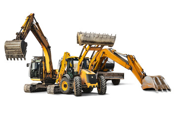 Excavator and bulldozer loader close-up on a white isolated background.Construction equipment for earthworks. element for design. Rent of modern construction equipment.