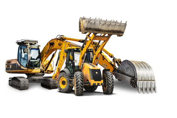 Excavator and bulldozer loader close-up on a white isolated background.Construction equipment for earthworks. element for design. Rent of modern construction equipment.