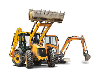 Excavator and bulldozer loader close-up on a white isolated background.Construction equipment for earthworks. element for design. Rent of modern construction equipment.