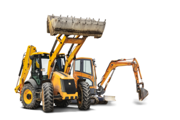 Excavator and bulldozer loader close-up on a white isolated background.Construction equipment for earthworks. element for design. Rent of modern construction equipment.