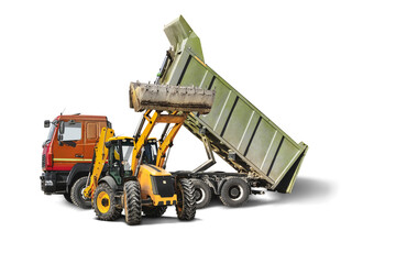 Mining dump truck and bulldozer loader close-up on a white isolated background.Construction...