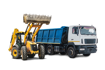 Mining dump truck and bulldozer loader close-up on a white isolated background.Construction...