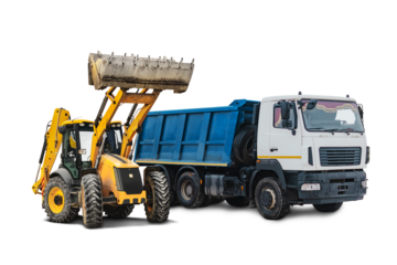 Mining dump truck and bulldozer loader close-up on a white isolated background.Construction equipment for earthworks. element for design.