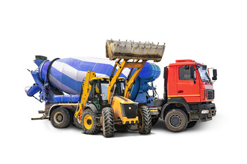 Concrete mixer truck and bulldozer loader close-up on a white isolated background.Construction equipment. element for design. Rental of construction equipment. delivery of concrete.