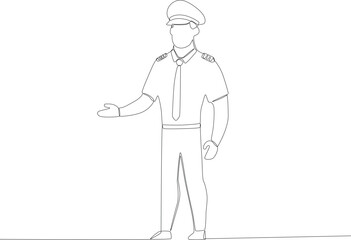 A pilot greets passengers about to board the plane. Pilot and plane one-line drawing