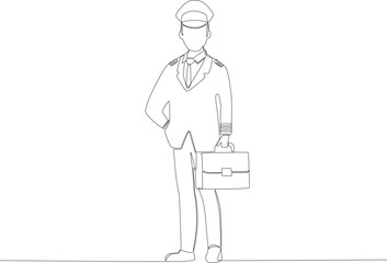 A male pilot prepares to travel with a suitcase. Pilot and plane one-line drawing