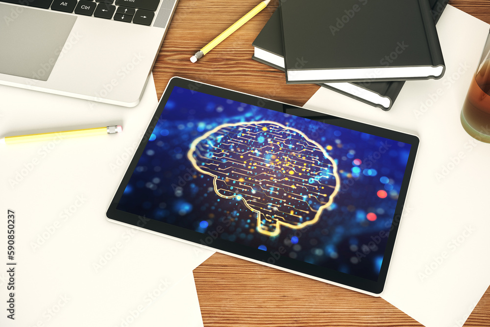 Poster top view of modern digital tablet screen with creative human brain microcircuit. future technology a