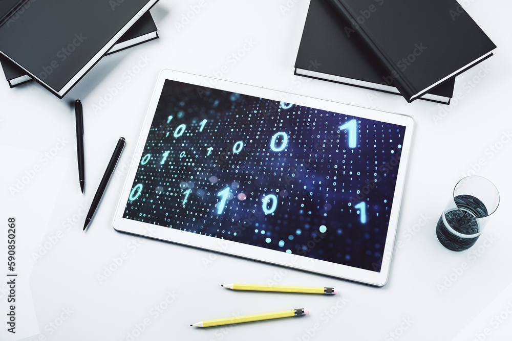 Leinwandbilder Top view of modern digital tablet monitor with creative abstract binary code hologram. Database and programming concept. 3D Rendering