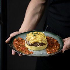 Mashed potatoes and steak with sauce on plate. Steak with sauce and garnish. Dish in hands of chef. Dinner. Black background. View from above. Copy space. 