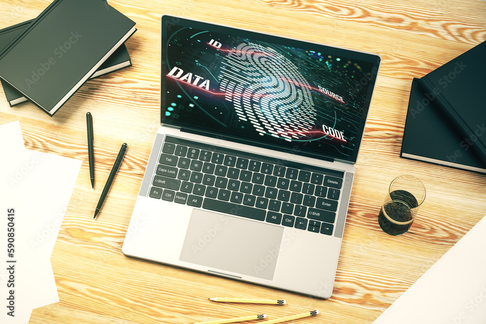 Poster Modern computer screen with creative fingerprint hologram, personal biometric data concept. 3D Rendering