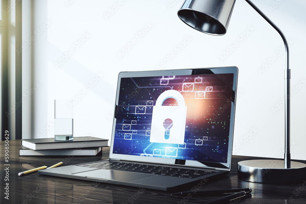 Poster creative concept with lock symbol and postal envelopes illustration on modern laptop screen. protect