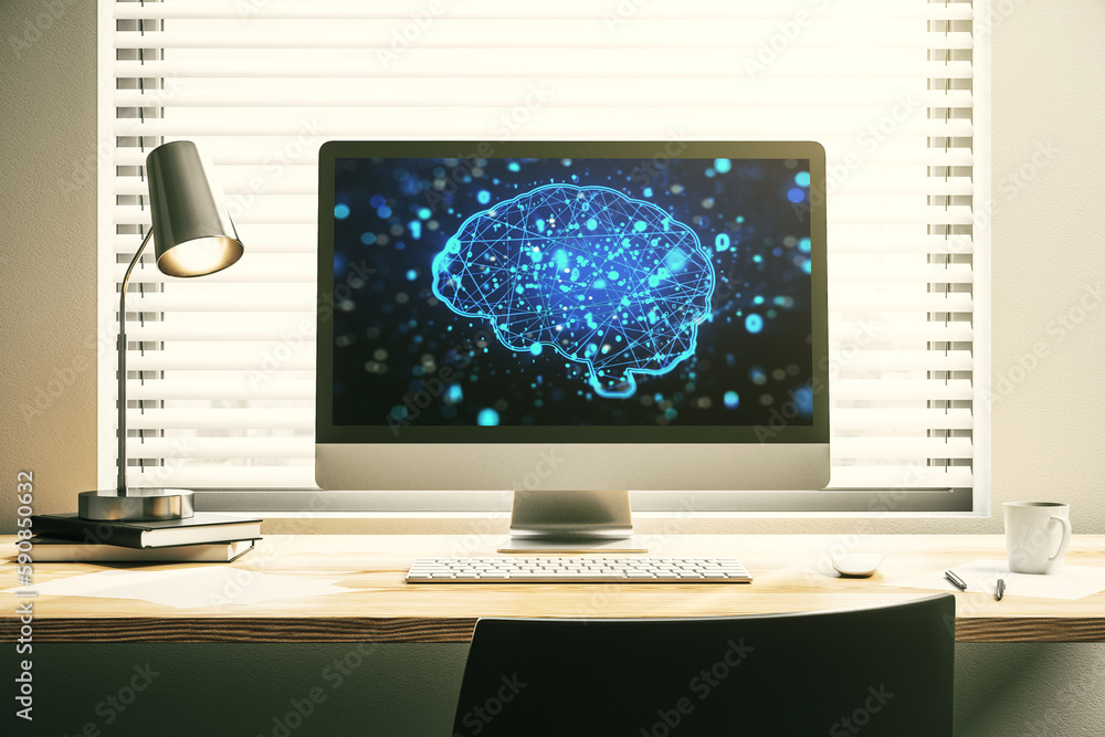 Poster creative artificial intelligence concept with human brain sketch on modern laptop monitor. 3d render