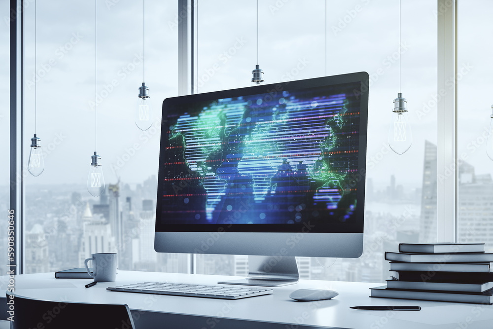 Fototapete modern computer display with abstract graphic world map, big data and networking concept. 3d renderi