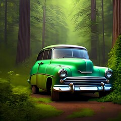 Old Green Car In The Forest