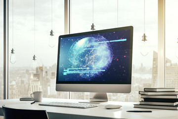 Abstract creative coding illustration with world map on modern computer monitor, international software development concept. 3D Rendering