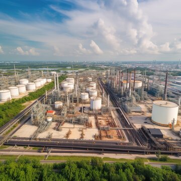 Oil refinery plant from industry zone, Aerial view oil and gas petrochemical industrial, generative ai