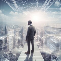 Businessman walking on virtual reality platform to futuristic smart city of opportunity with internet cyber network connection on high building , generative ai