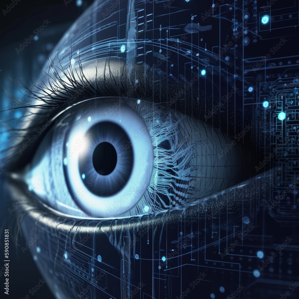Aufkleber hi- tech eye scan. future technology binary circuit board, blue cyber security concept background, a