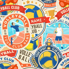 Volleyball club seamless pattern. Background with volleyball emblem, patch, sticker. Vector illustration. Vintage label, sticker, patch with ball, player. Concept for background or wallpaper