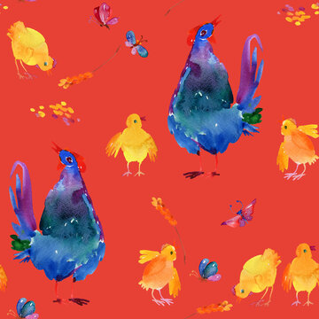 Cute chicks and eggs seamless pattern hand painted in watercolor. Cartoon colorful baby birds, hen, butterfly repeatable background. Easter wrapping paper, fabric, textile, wallpaper, printing