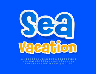 Vector artistic Emblem Sea Vacation. Blue sticker Font. Creative Alphabet Letters and Numbers set