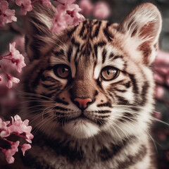 Fototapeta na wymiar Closeup portrait of baby tiger with cherry bloom flowers on background