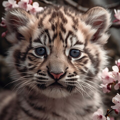 Closeup portrait of baby tiger with cherry bloom flowers on background