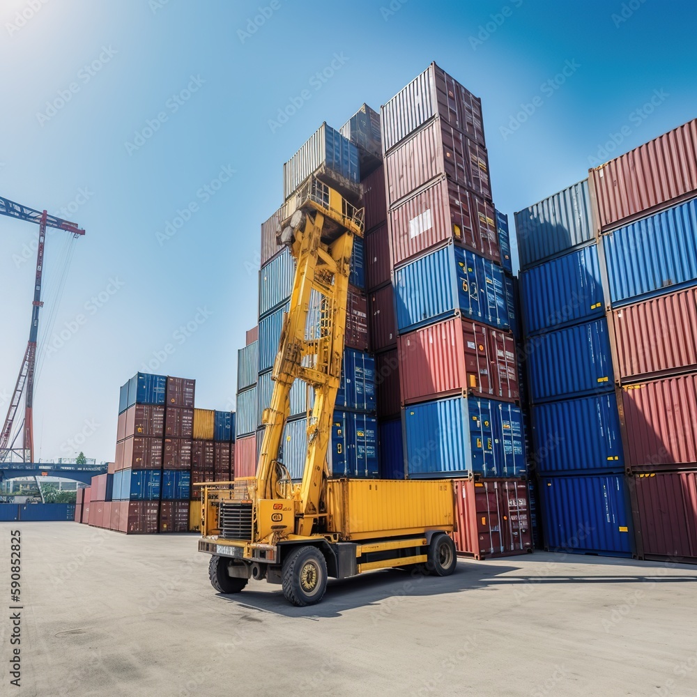 Poster container stacker crane lifting up stacking container box in yard, container loading cargo freight i