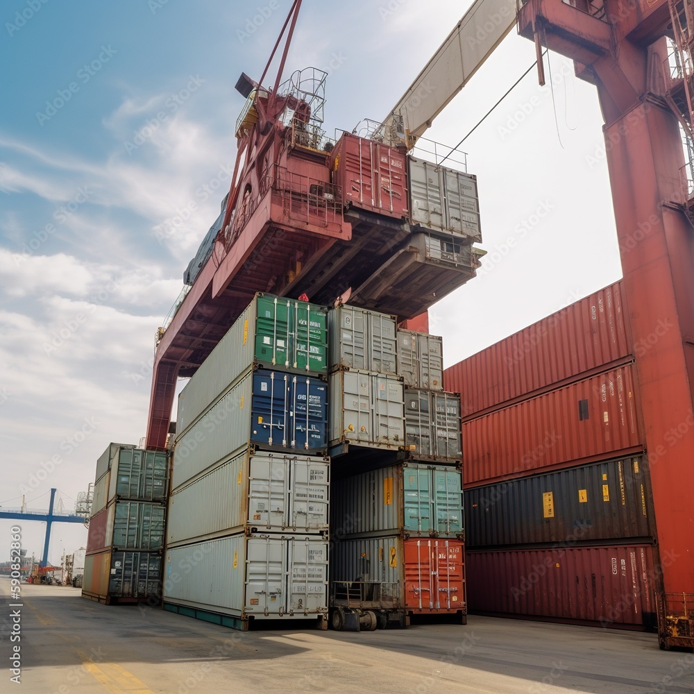 Poster container stacker crane lifting up stacking container box in yard, container loading cargo freight i