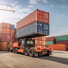 Container stacker crane lifting up stacking container box in yard, Container loading cargo freight in import and export business logistic company, Industry logistic, generative ai