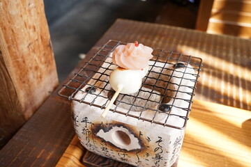 Japanese Food, Sticky Rice Cake Mochi with Red Bean and Strawberry, Skewered Ricecake Dumplings on Charcoal Grill - 日本料理 和菓子 あずき 串だんご 七輪