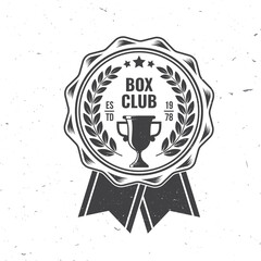 Boxing club badge, logo design. Hit like a girl. Vector illustration. For Boxing sport club emblem, sign, patch, shirt, template. Vintage monochrome label, sticker with golden cup Silhouette.
