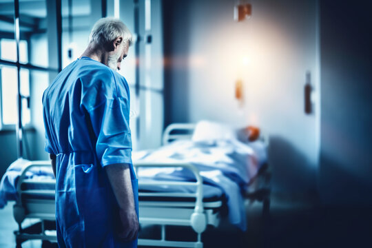 Tired upset depressed medic with his head down standing in front of empty hospital bed. It is assumed that a parient passed away. AI generative image